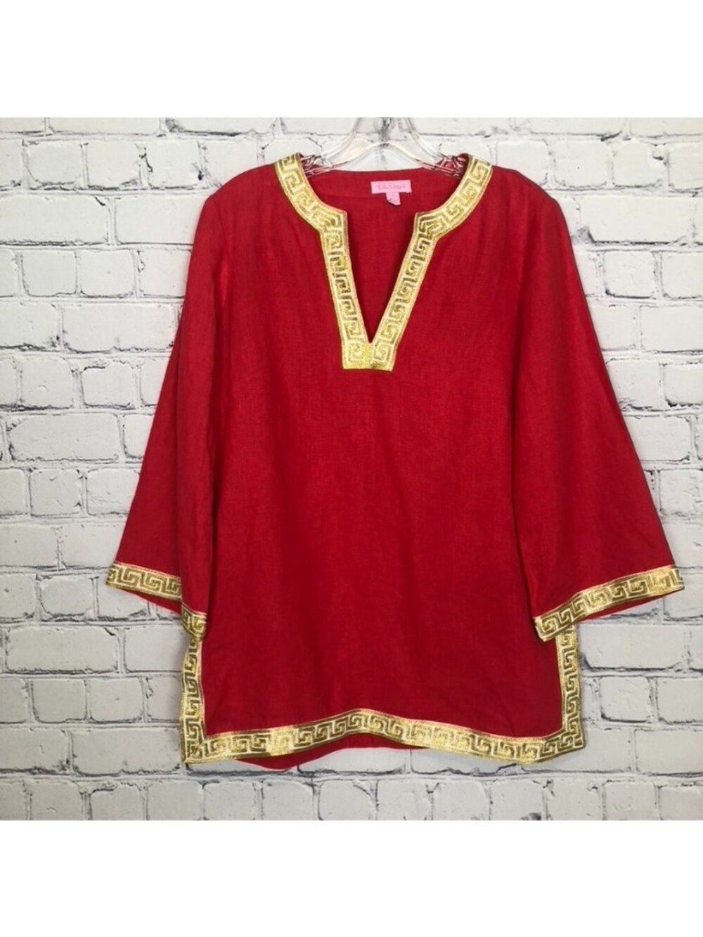 Lilly Pulitzer Bellini Tunic Size S 100% Linen Red Gold Embroidered Trim